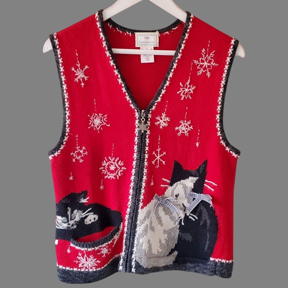 Susan Bristol S Vintage 90s Crazy Cat Lady Grandma Christmas Knit Sweater Vest - Picture 1 of 10